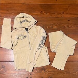 BCBG - Coord Set - Jacket Leggings - Tan Gold Rhinestone Rose - Size S - Vintage